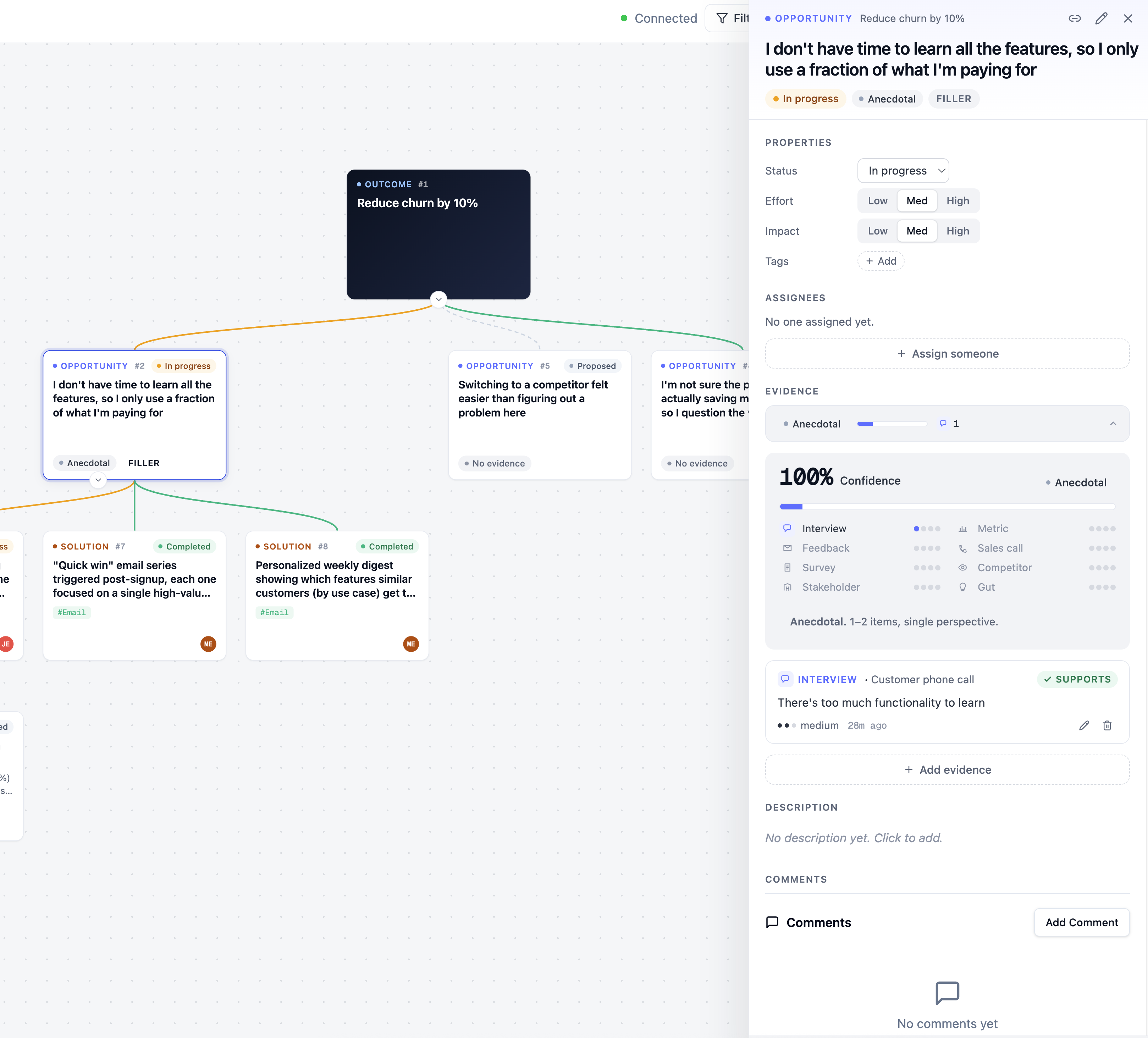 An opportunity node fly-out with linked evidence