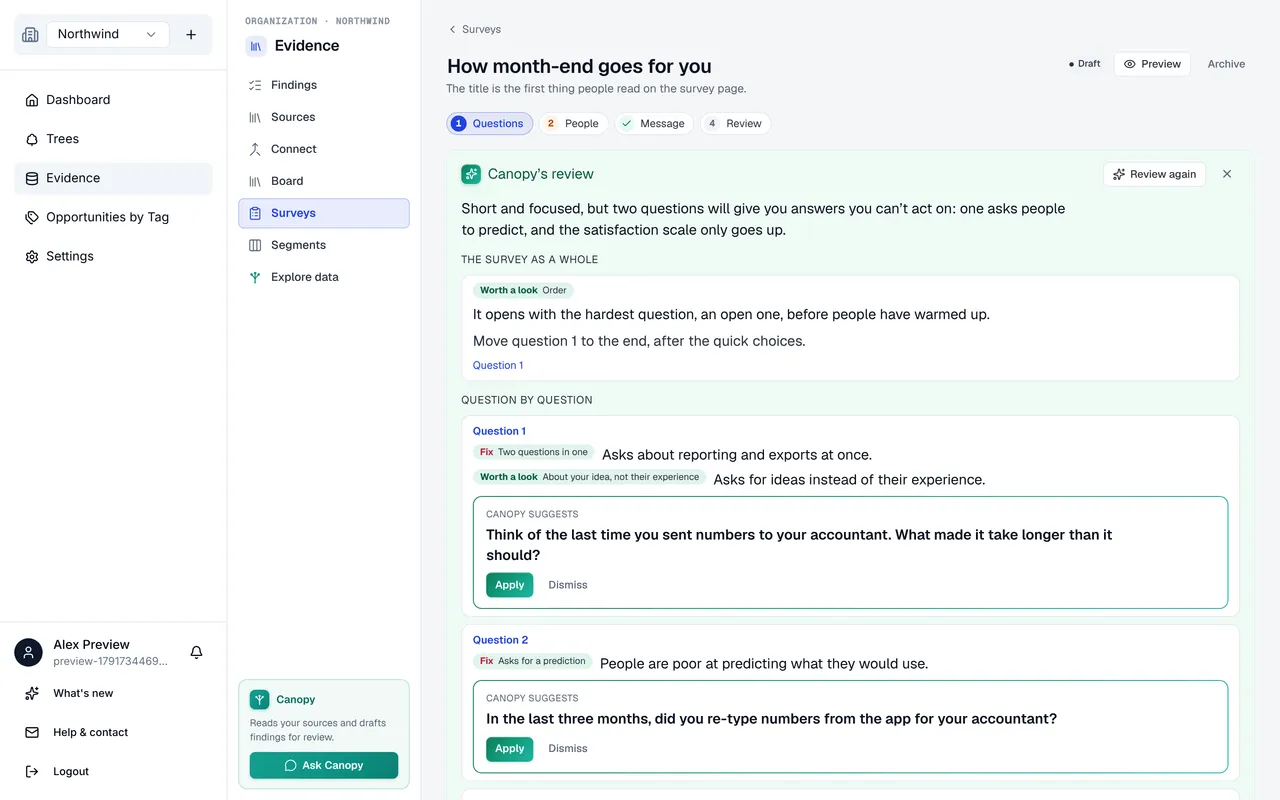 Canopy’s review on the Questions step: a summary, a note on the survey as a whole, then each question’s faults with a suggested rewrite and Apply and Dismiss buttons.