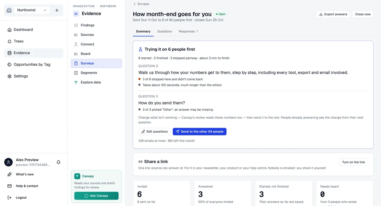 The results of a survey tried on 6 people first: question 2 flagged because 3 of 6 stopped there and it takes about 150 seconds, question 3 because 3 of 3 picked Other, then the Edit questions and Send to the other 54 people buttons.