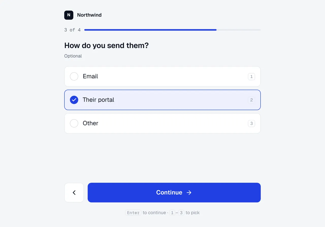 The survey page a customer sees, from Northwind: question 3 of 4 with a progress bar, 'How do you send them?', marked optional, with the answers Email, Their portal (picked) and Other, each with its number key, a back arrow, a Continue button, and the hint 'Enter to continue, 1 to 3 to pick'.